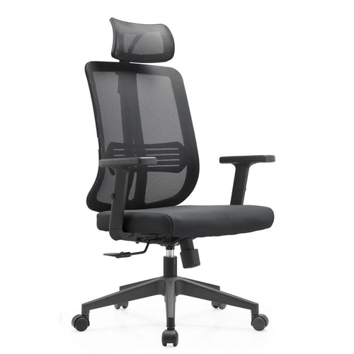 Adorit ergonomic office chair with integrated headrest, black mesh back and adjustable armrests